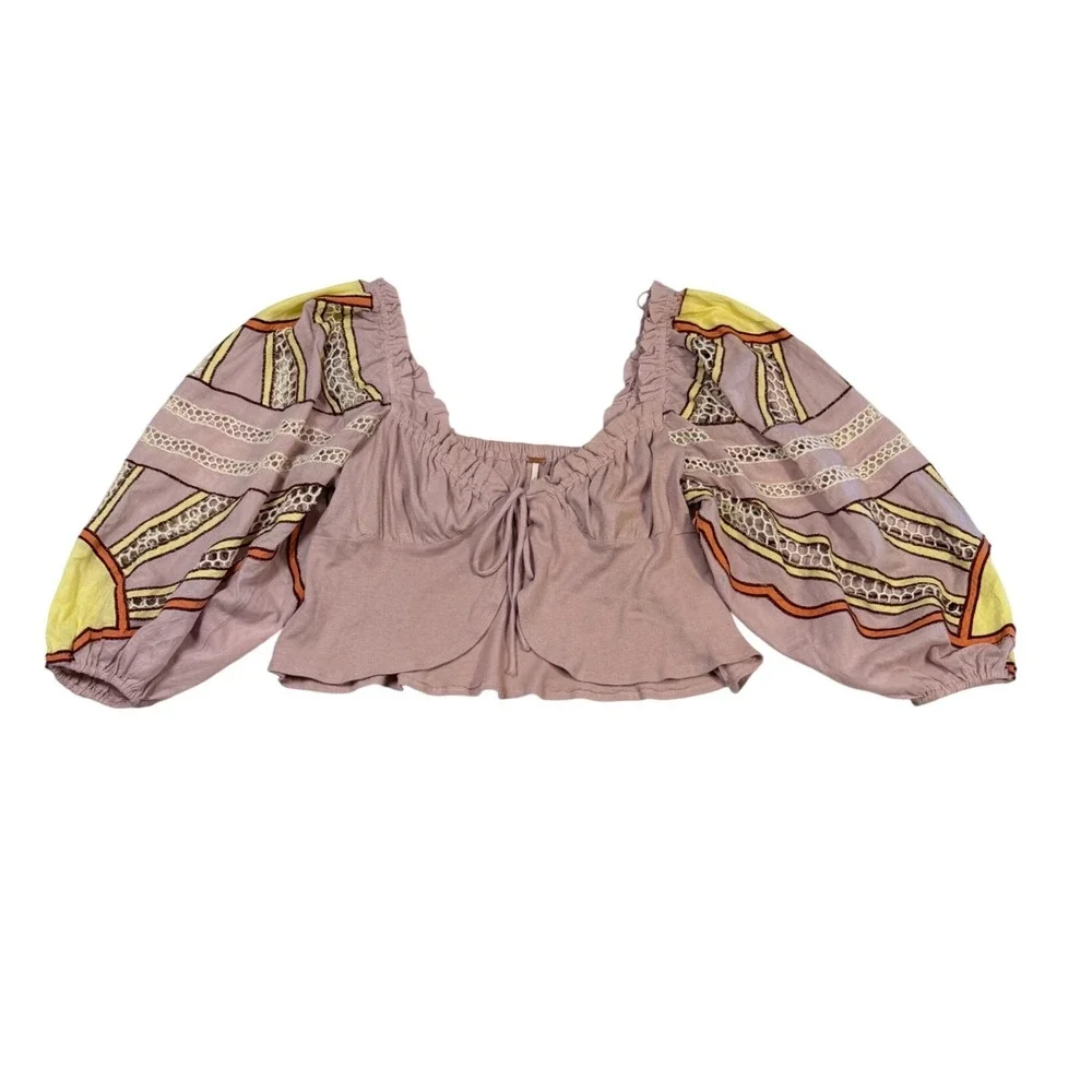 Free People Intimately Mauve Crop Top Eyelet Balloon Sleeve Size S